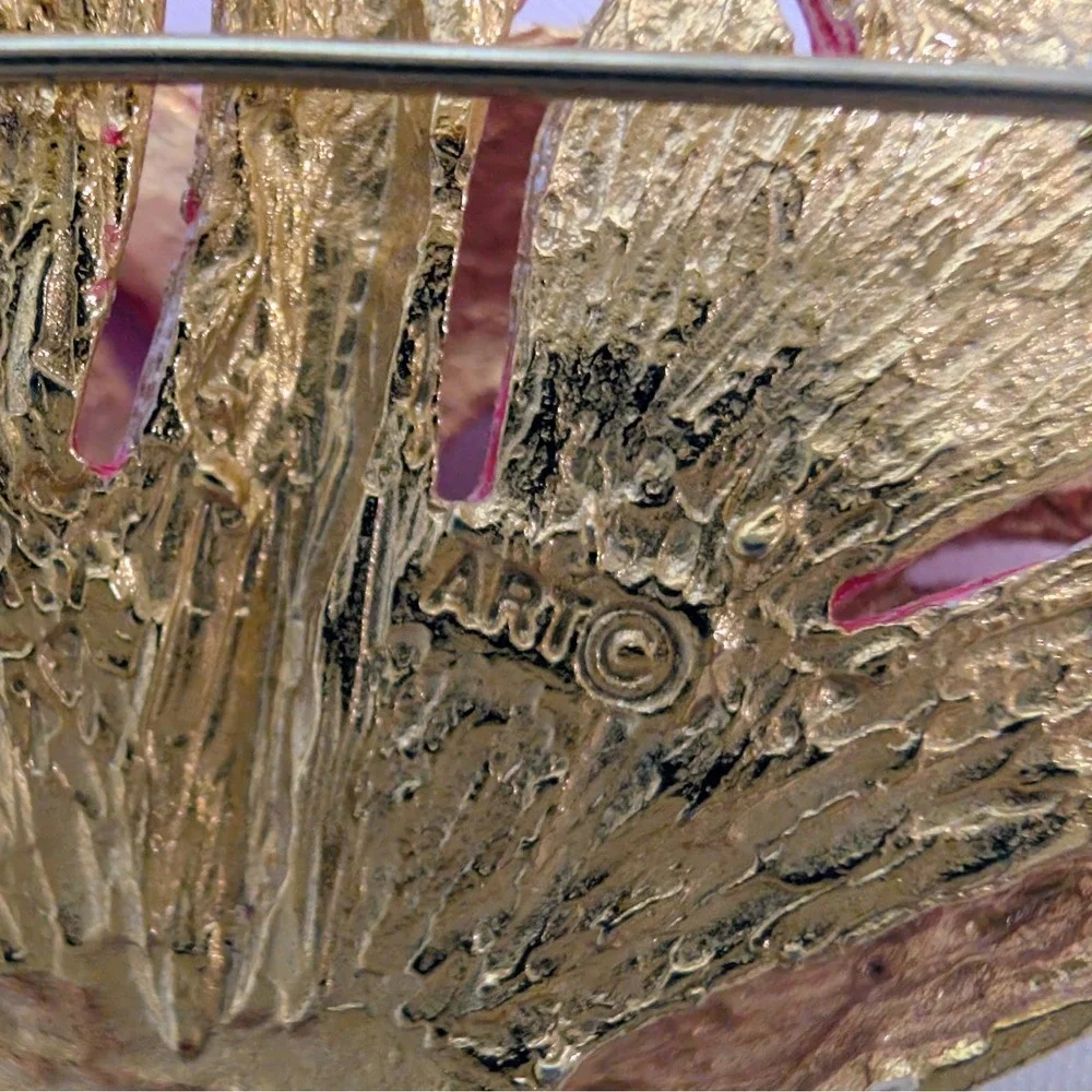 Vintage Signed ART Enamel Flower Brooch Pin Arthur Pepper Gold Tone 3" x 2" - Picture 7 of 9